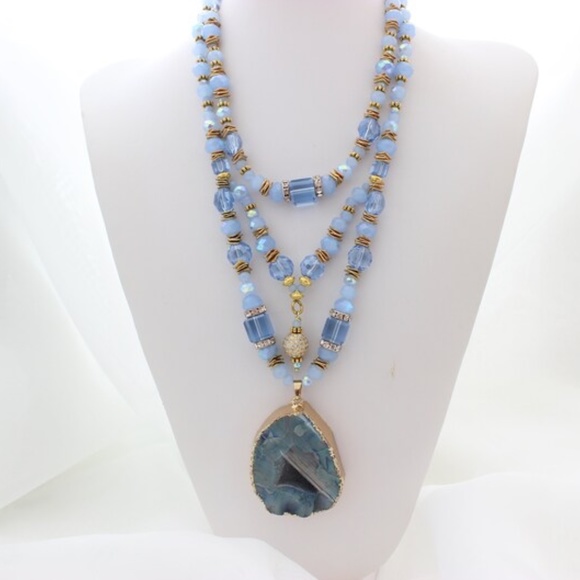Sky Blue Crystals Multi Strand Agate Layered Necklace - Picture 4 of 7